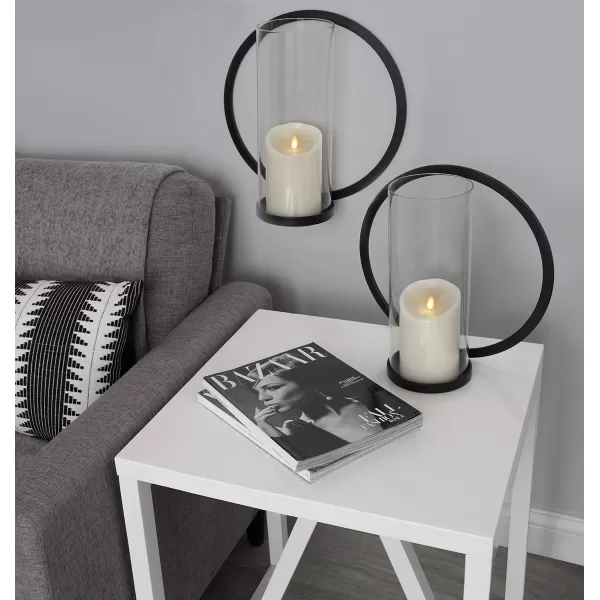 Kate and Laurel Khauli Glam Round Wall Sconce 12 Inch Diameter Black Metal Geometric Candle Holders for WallBlack