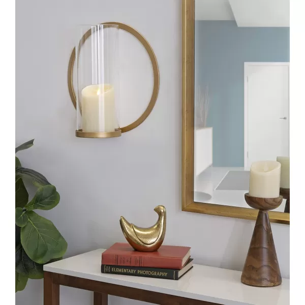 Kate and Laurel Khauli Glam Round Wall Sconce 12 Inch Diameter Black Metal Geometric Candle Holders for WallGold