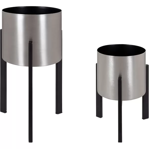 Kate and Laurel Kolding Modern Planter Set of 2 Silver and Black Elevated Industrial Tall Planter with Stand