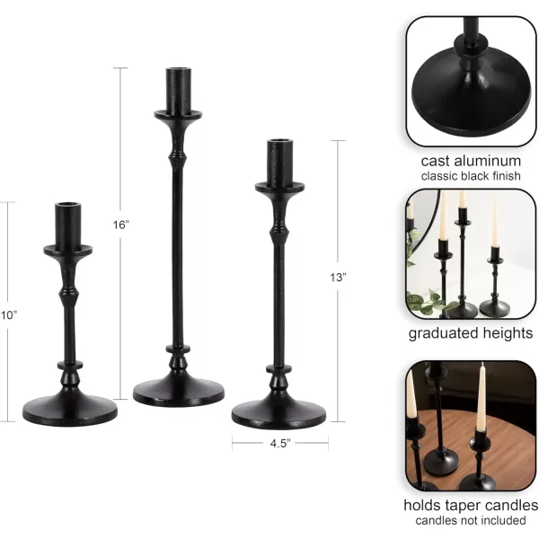 Kate and Laurel Lahari Vintage ThreePiece Taper Candle Holder Set Set of 3 Black Cast Aluminum Metal Candlestick Holders for Dining Table or Fireplace Mantel DisplayBlack