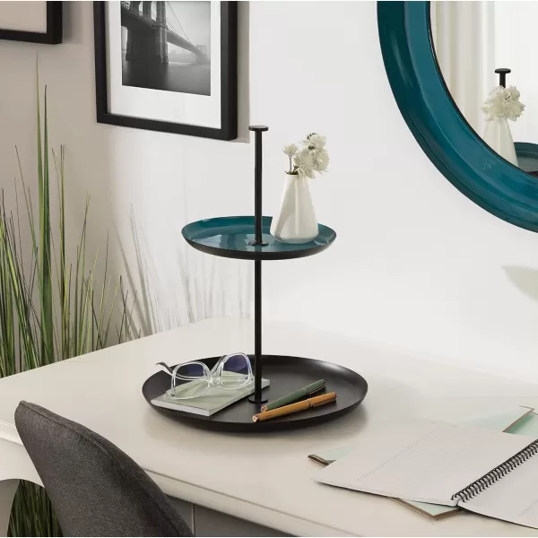 Kate and Laurel Laranya Tiered Round Decorative Tray 12x12x15 WhiteGoldTealBlack