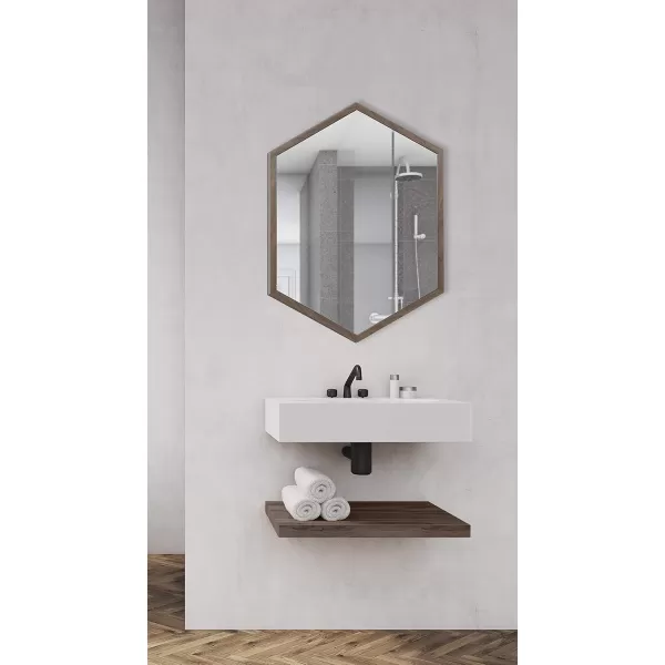 Kate and Laurel Laverty Glam Framed Framed Hexagon Mirror 22 x 31 Gold Modern Geometric Wall DecorWalnut Brown