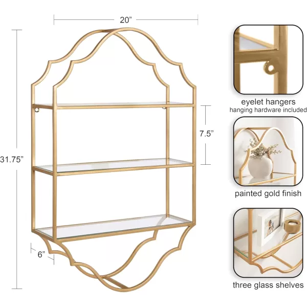 Kate and Laurel Leanna Scalloped ThreeTiered Wall Shelf 20 x 32 Gold Decorative Floating Shelf Storage and Wall Organizer for Bathroom Over Toilet Storage or DisplayGold