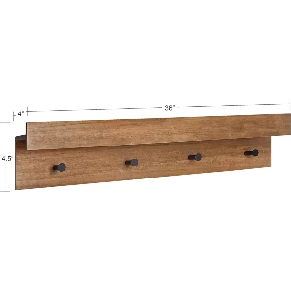 Kate and Laurel Levie Farmhouse 4Knob Wall Shelf 36 x 75 x 45 Rustic Brown and Black Modern Accent Shelf and Coat Hooks for HangingNatural