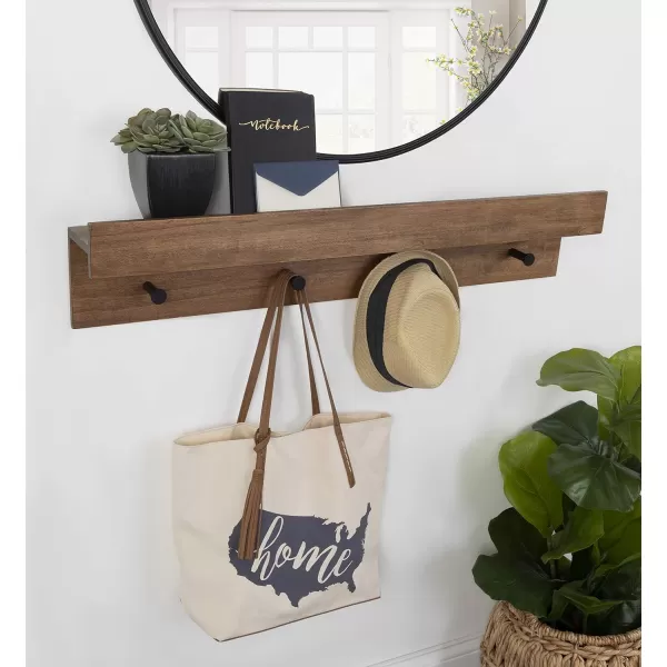 Kate and Laurel Levie Farmhouse 4Knob Wall Shelf 36 x 75 x 45 Rustic Brown and Black Modern Accent Shelf and Coat Hooks for HangingNatural