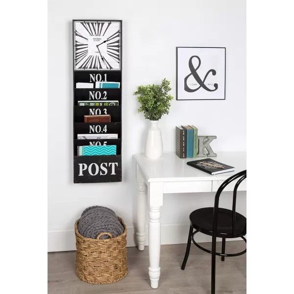 Kate and Laurel Linch Metal Antique Wall Clock Mail Organizer Black