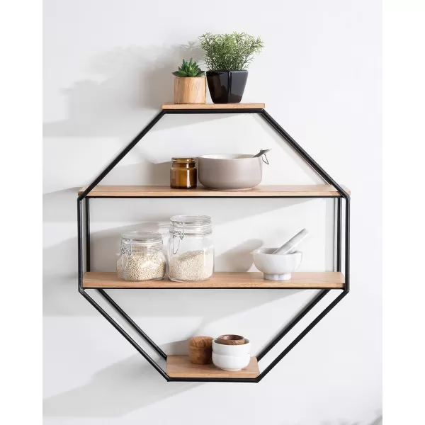 Kate and Laurel Lintz Large Modern Octagon Floating Wall Shelves with Metal Frame Gold and WhiteRustic Brown