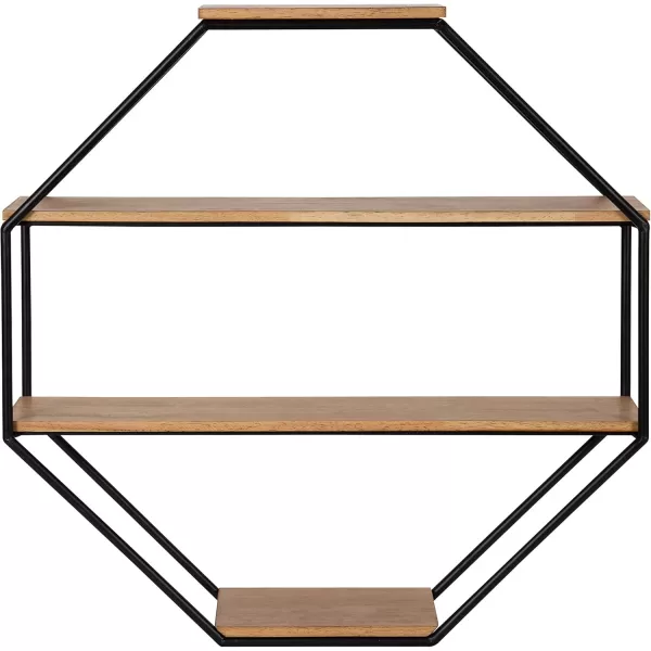 Kate and Laurel Lintz Large Modern Octagon Floating Wall Shelves with Metal Frame Gold and WhiteRustic Brown