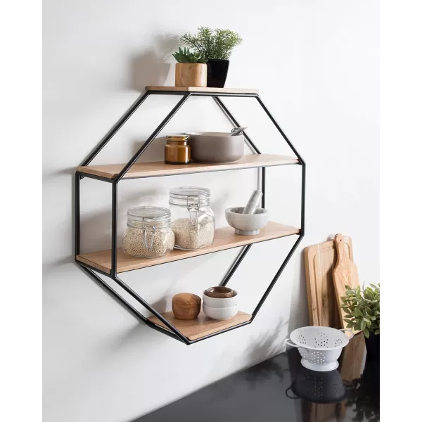 Kate and Laurel Lintz Large Modern Octagon Floating Wall Shelves with Metal Frame Gold and WhiteRustic Brown