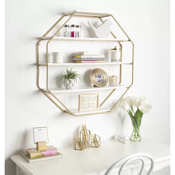 Kate and Laurel Lintz Large Modern Octagon Floating Wall Shelves with Metal Frame Gold and WhiteWhiteGold