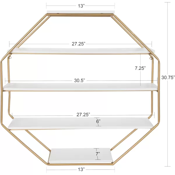 Kate and Laurel Lintz Large Modern Octagon Floating Wall Shelves with Metal Frame Gold and WhiteWhiteGold