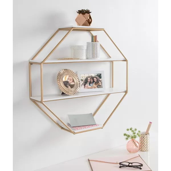 Kate and Laurel Lintz Large Modern Octagon Floating Wall Shelves with Metal Frame Gold and WhiteWhiteGold