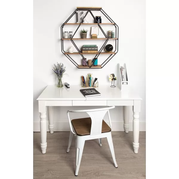 Kate and Laurel Lintz Large Octagon Shaped Floating Wood Book Shelves for Decorative Wall Display Black Metal Frame with Rustic Brown ShelvesRustic Brown