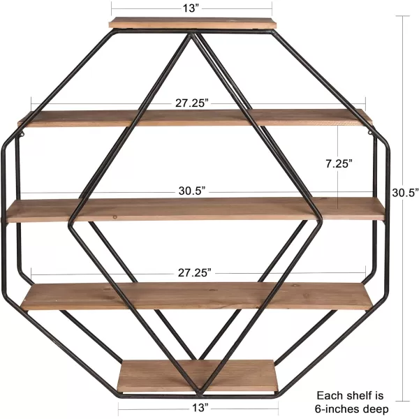 Kate and Laurel Lintz Large Octagon Shaped Floating Wood Book Shelves for Decorative Wall Display Black Metal Frame with Rustic Brown ShelvesRustic Brown