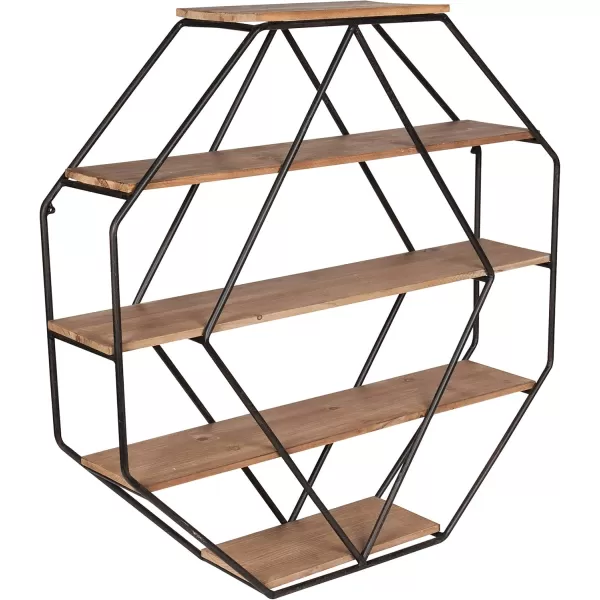 Kate and Laurel Lintz Large Octagon Shaped Floating Wood Book Shelves for Decorative Wall Display Black Metal Frame with Rustic Brown ShelvesRustic Brown