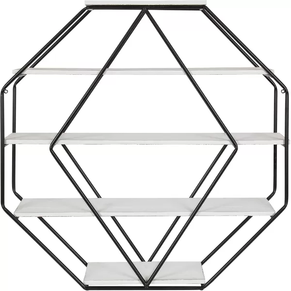 Kate and Laurel Lintz Large Octagon Shaped Floating Wood Book Shelves for Decorative Wall Display Black Metal Frame with Rustic Brown ShelvesWhite