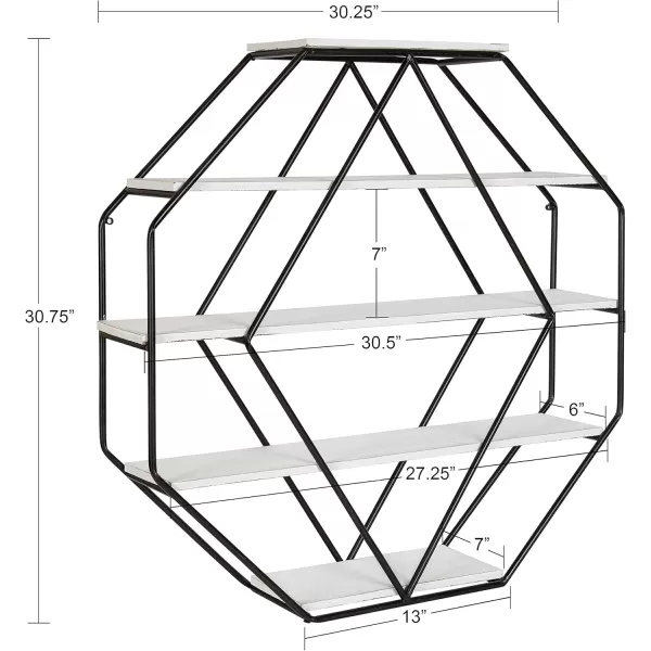 Kate and Laurel Lintz Large Octagon Shaped Floating Wood Book Shelves for Decorative Wall Display Black Metal Frame with Rustic Brown ShelvesWhite