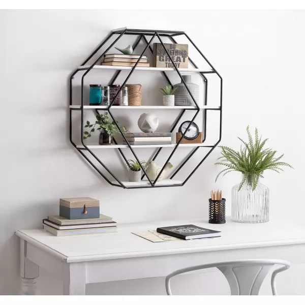 Kate and Laurel Lintz Large Octagon Shaped Floating Wood Book Shelves for Decorative Wall Display Black Metal Frame with Rustic Brown ShelvesWhite