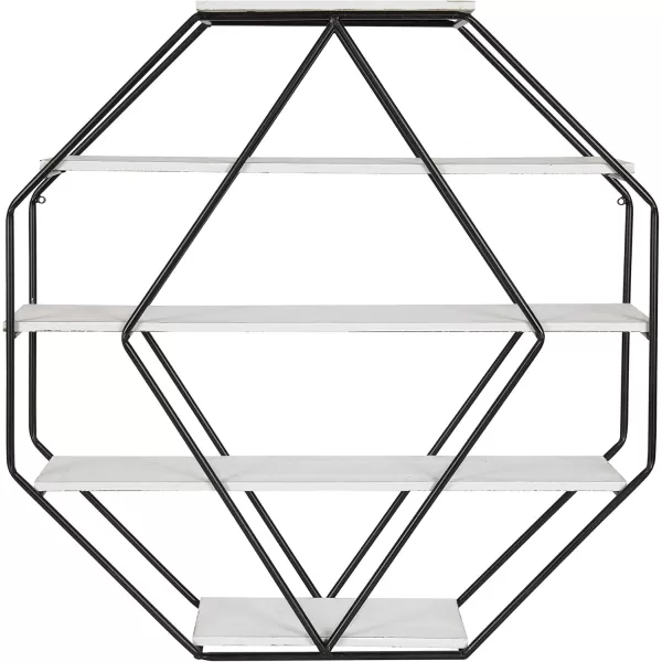Kate and Laurel Lintz Large Octagon Shaped Floating Wood Book Shelves for Decorative Wall Display Black Metal Frame with Rustic Brown ShelvesWhite