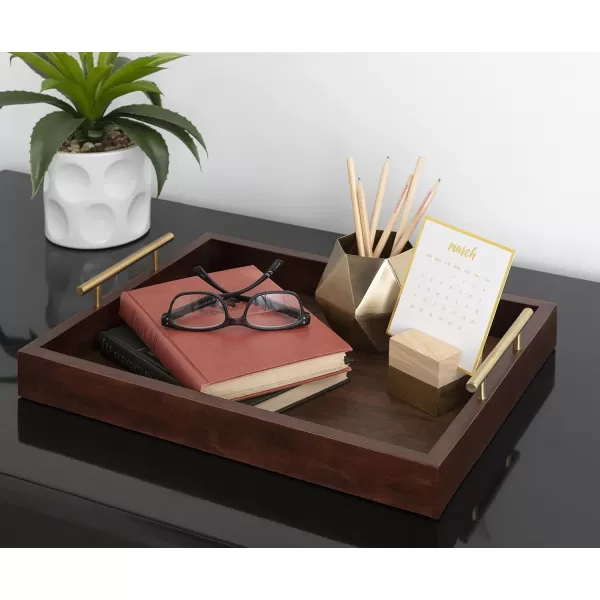 Kate and Laurel Lipton Decorative Tray with Polished Gold Metal Handles Soft PinkWalnut Brown