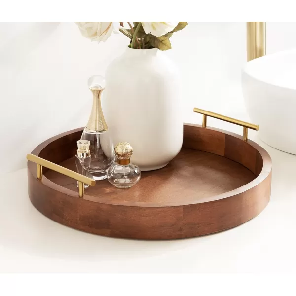 Kate and Laurel Lipton MidCentury Modern Round Wooden Tray 155quot Diameter Dark Walnut Brown with Gold Handles Decorative Accent Tray for Storage and DisplayWalnut BrownGold