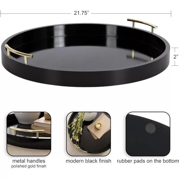 Kate and Laurel Lipton MidCentury Modern Round Wooden Tray 155quot Diameter Dark Walnut Brown with Gold Handles Decorative Accent Tray for Storage and DisplayBlack