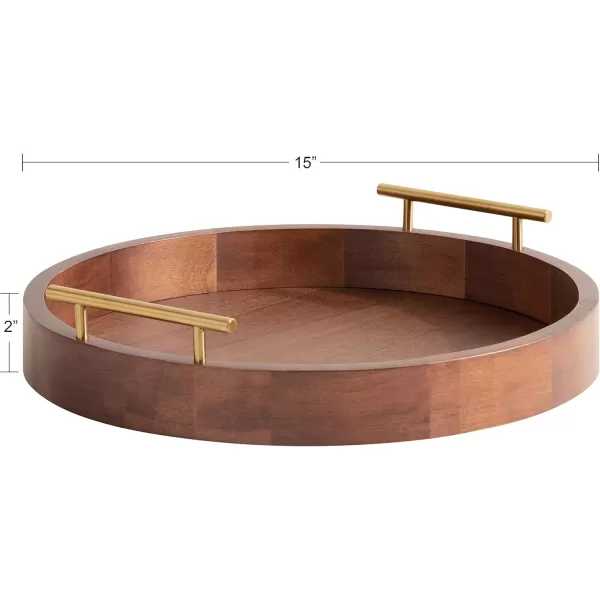 Kate and Laurel Lipton MidCentury Modern Round Wooden Tray 155quot Diameter Dark Walnut Brown with Gold Handles Decorative Accent Tray for Storage and DisplayWalnut BrownGold