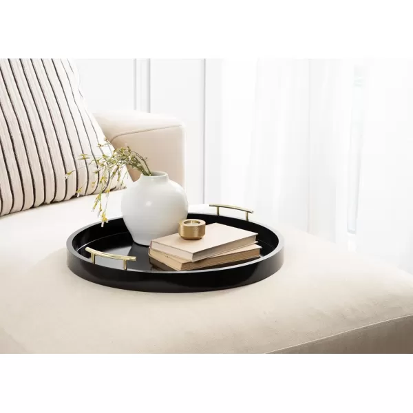 Kate and Laurel Lipton MidCentury Modern Round Wooden Tray 155quot Diameter Dark Walnut Brown with Gold Handles Decorative Accent Tray for Storage and DisplayBlack