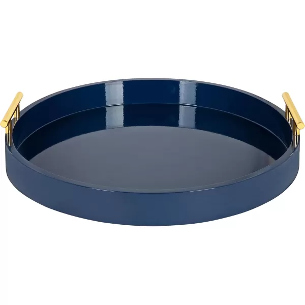 Kate and Laurel Lipton MidCentury Modern Round Wooden Tray 155quot Diameter Dark Walnut Brown with Gold Handles Decorative Accent Tray for Storage and DisplayNavy Blue