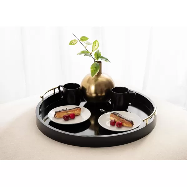 Kate and Laurel Lipton MidCentury Modern Round Wooden Tray 155quot Diameter Dark Walnut Brown with Gold Handles Decorative Accent Tray for Storage and DisplayBlack