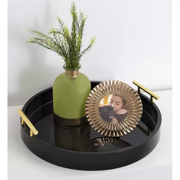 Kate and Laurel Lipton MidCentury Modern Round Wooden Tray 155quot Diameter Dark Walnut Brown with Gold Handles Decorative Accent Tray for Storage and DisplayBlack