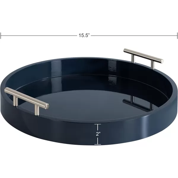 Kate and Laurel Lipton MidCentury Modern Round Wooden Tray 155quot Diameter Dark Walnut Brown with Gold Handles Decorative Accent Tray for Storage and DisplayNavy BlueSilver