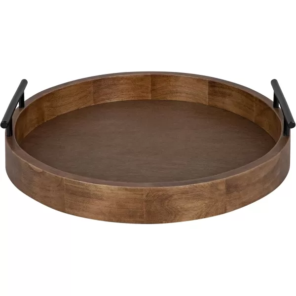 Kate and Laurel Lipton MidCentury Modern Round Wooden Tray 155quot Diameter Dark Walnut Brown with Gold Handles Decorative Accent Tray for Storage and DisplayRustic Brown