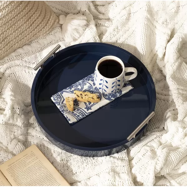 Kate and Laurel Lipton MidCentury Modern Round Wooden Tray 155quot Diameter Dark Walnut Brown with Gold Handles Decorative Accent Tray for Storage and DisplayNavy BlueSilver