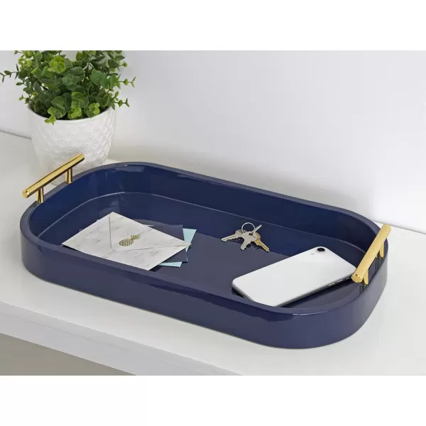 Kate and Laurel Lipton MidCentury Rectangle Wood Tray 10quot x 18 Walnut Brown and Gold Decorative Accent with Rounded EdgesNavy Blue