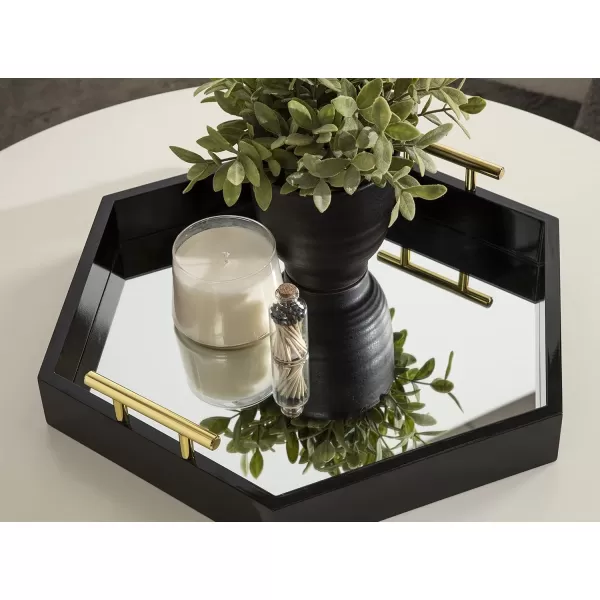 Kate and Laurel Lipton Modern Hexagon Decorative Tray 18quot x 18quot Black with Gold Metal HandlesBlackMirror