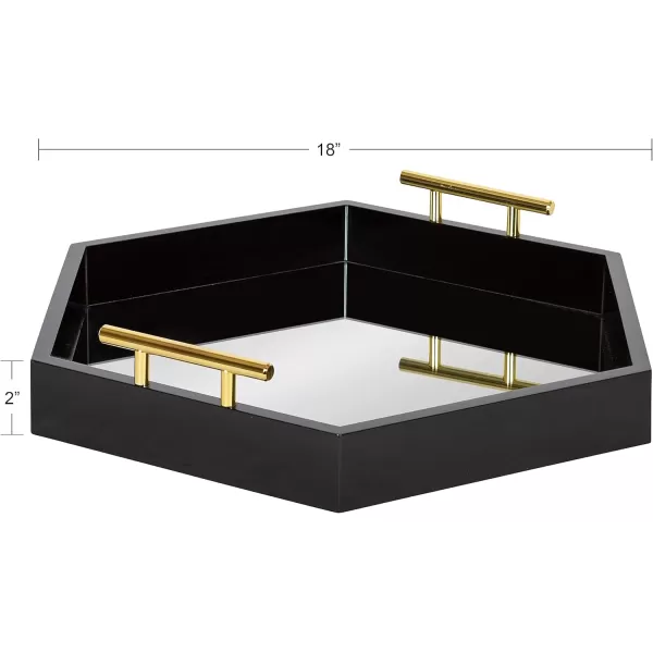 Kate and Laurel Lipton Modern Hexagon Decorative Tray 18quot x 18quot Black with Gold Metal HandlesBlackMirror