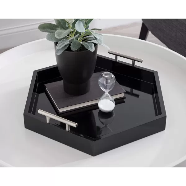 Kate and Laurel Lipton Modern Hexagon Decorative Tray 18quot x 18quot Black with Gold Metal HandlesBlackSilver