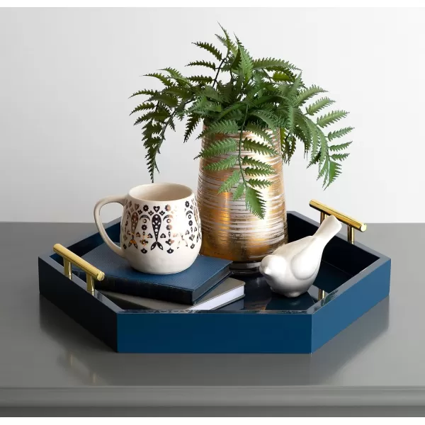 Kate and Laurel Lipton Modern Hexagon Decorative Tray 18quot x 18quot Black with Gold Metal HandlesNavy Blue
