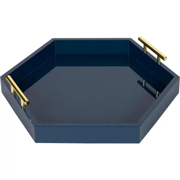Kate and Laurel Lipton Modern Hexagon Decorative Tray 18quot x 18quot Black with Gold Metal HandlesNavy Blue