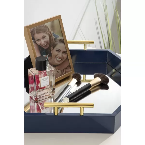 Kate and Laurel Lipton Modern Hexagon Decorative Tray 18quot x 18quot Black with Gold Metal HandlesNavy BlueMirror