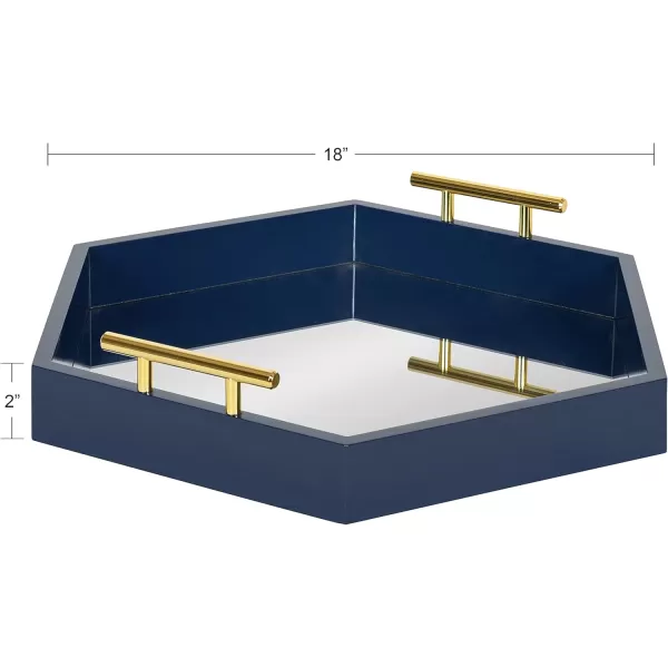 Kate and Laurel Lipton Modern Hexagon Decorative Tray 18quot x 18quot Black with Gold Metal HandlesNavy BlueMirror