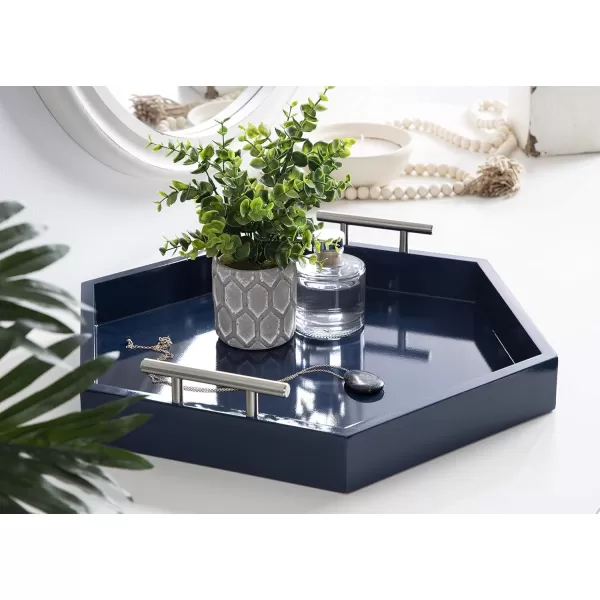 Kate and Laurel Lipton Modern Hexagon Decorative Tray 18quot x 18quot Black with Gold Metal HandlesNavy BlueSilver