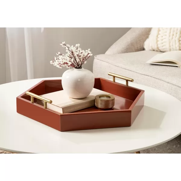 Kate and Laurel Lipton Modern Hexagon Decorative Tray 18quot x 18quot Black with Gold Metal HandlesRed