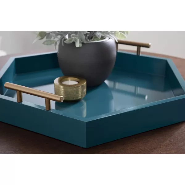 Kate and Laurel Lipton Modern Hexagon Decorative Tray 18quot x 18quot Black with Gold Metal HandlesTealGold