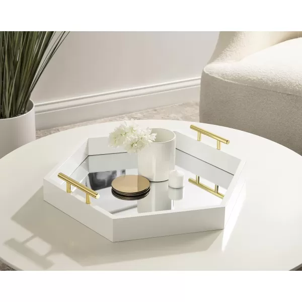 Kate and Laurel Lipton Modern Hexagon Decorative Tray 18quot x 18quot Black with Gold Metal HandlesWhiteMirror