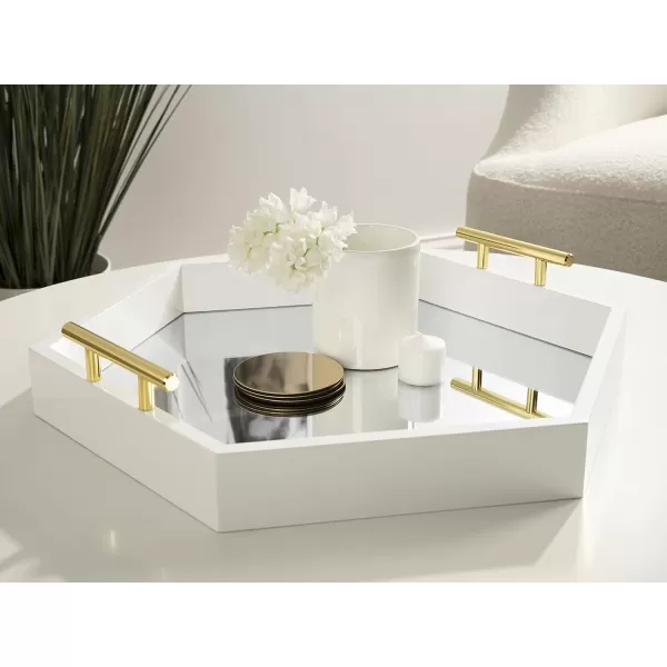 Kate and Laurel Lipton Modern Hexagon Decorative Tray 18quot x 18quot Black with Gold Metal HandlesWhiteMirror