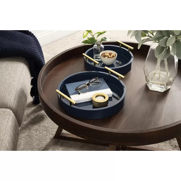 Kate and Laurel Lipton Modern Round Tray Set Set of 2 Sand and Gold Glam Decorative Tray Set for Storage and DisplayNavy BlueGold