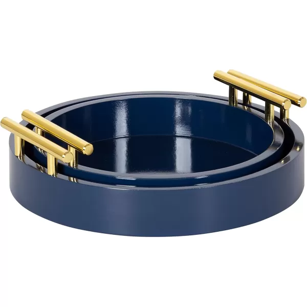 Kate and Laurel Lipton Modern Round Tray Set Set of 2 Sand and Gold Glam Decorative Tray Set for Storage and DisplayNavy BlueGold