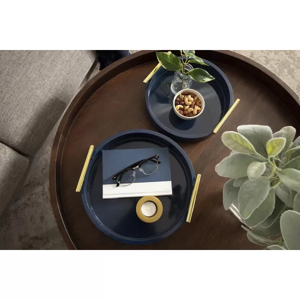 Kate and Laurel Lipton Modern Round Tray Set Set of 2 Sand and Gold Glam Decorative Tray Set for Storage and DisplayNavy BlueGold